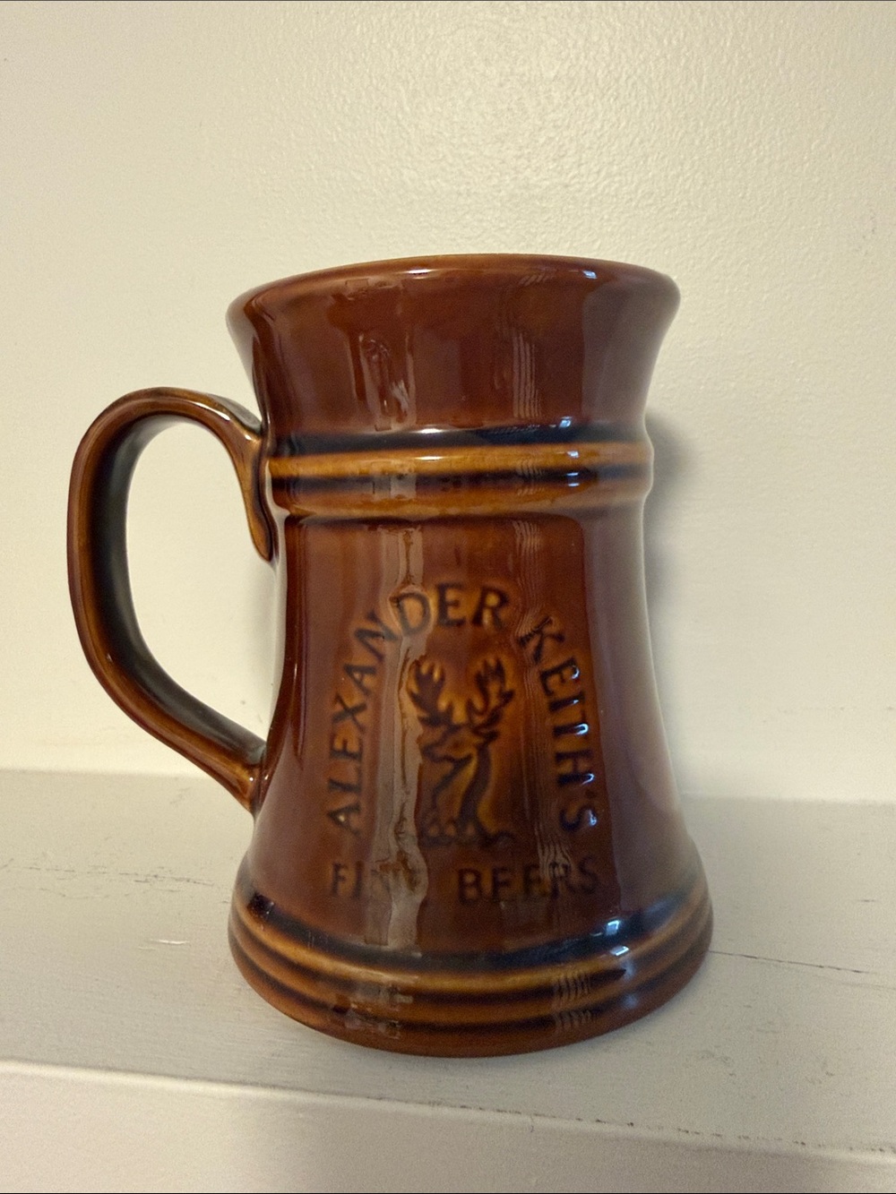 Glossy Brown Ceramic Stein with Ribbed Accents